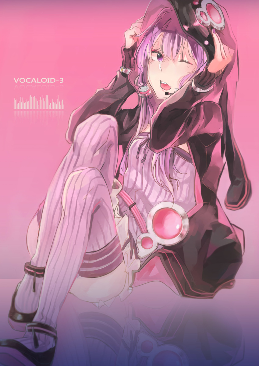 absurdres animal_hood e.tag headset highres hood hoodie legs_together low_twintails one_eye_closed open_clothes open_hoodie purple_eyes purple_hair reflective_floor ribbed_legwear sitting solo thighhighs twintails vocaloid voiceroid yuzuki_yukari