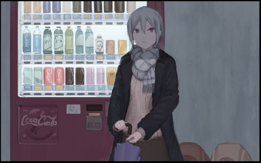 bangs black_eyes bottle can closed_umbrella coat coca-cola commentary_request cowboy_shot enden fringe_trim frown grey_hair hair_between_eyes highres holding holding_umbrella idolmaster idolmaster_cinderella_girls open_clothes open_coat parted_bangs scarf shiomi_shuuko short_hair skirt solo sweater umbrella vending_machine