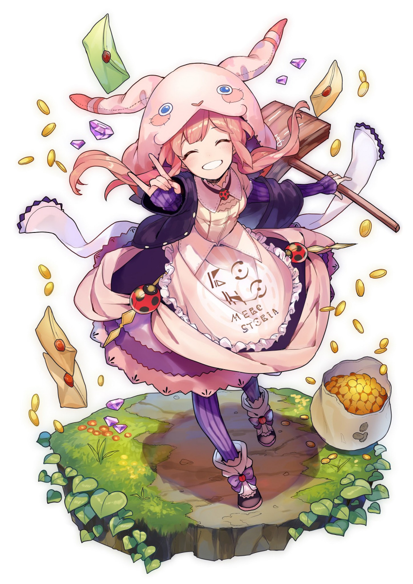 :d \n/ animal_hood apron bag closed_eyes commentary_request copyright_request diamond dress fingernails floating_hair frilled_apron frills gem gold highres hood letter long_hair long_sleeves open_mouth pink_hair purple_legwear ribbed_legwear sign simple_background sleeves_past_wrists smile sogawa solo standing waist_apron white_background