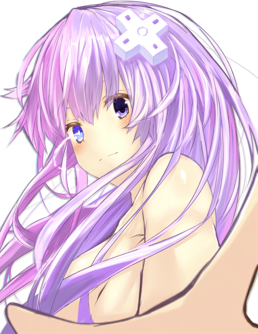 absurdres blue_eyes blush breasts d-pad d-pad_hair_ornament from_side hair_censor hair_ornament hair_over_one_breast heterochromia highres long_hair looking_at_viewer medium_breasts nepgear neptune_(series) power_symbol purple_eyes purple_hair purple_sister shishin_(shishintei) smile solo symbol-shaped_pupils topless upper_body