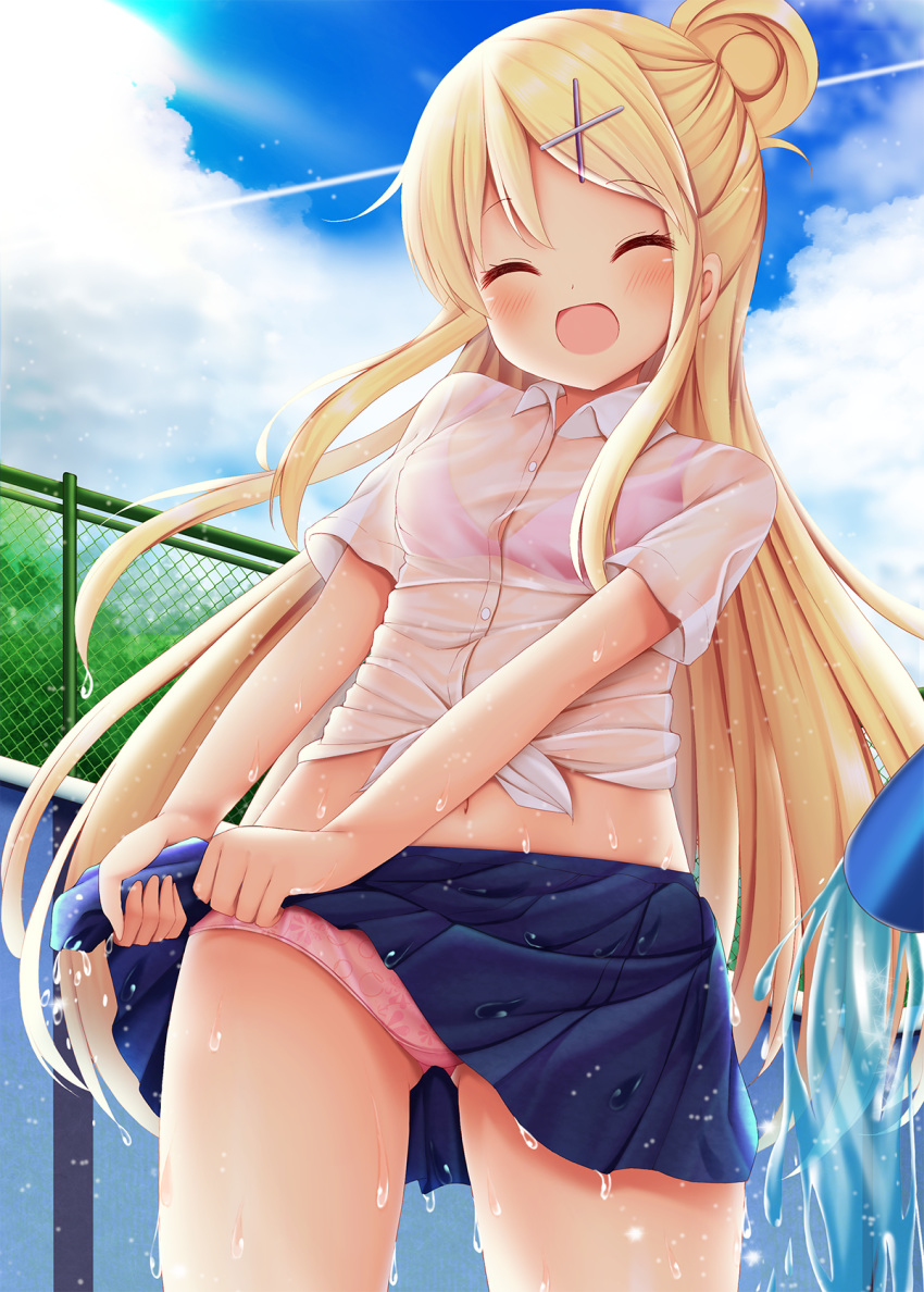 :d ^_^ ass_visible_through_thighs bangs blonde_hair blue_skirt blue_sky blush bra bra_through_clothes breasts chain-link_fence closed_eyes cloud collared_shirt commentary_request cowboy_shot day empty_pool eyebrows_visible_through_hair facing_viewer fence hair_bun hair_ornament hairclip highres hose kin-iro_mosaic kujou_karen long_hair medium_breasts midriff minato_(ojitan_gozaru) navel open_mouth outdoors panties pink_bra pink_panties pleated_skirt see-through shirt short_sleeves skirt sky smile solo sunlight tied_shirt underwear very_long_hair water wet wet_clothes wet_skirt white_shirt wringing_clothes wringing_skirt x_hair_ornament