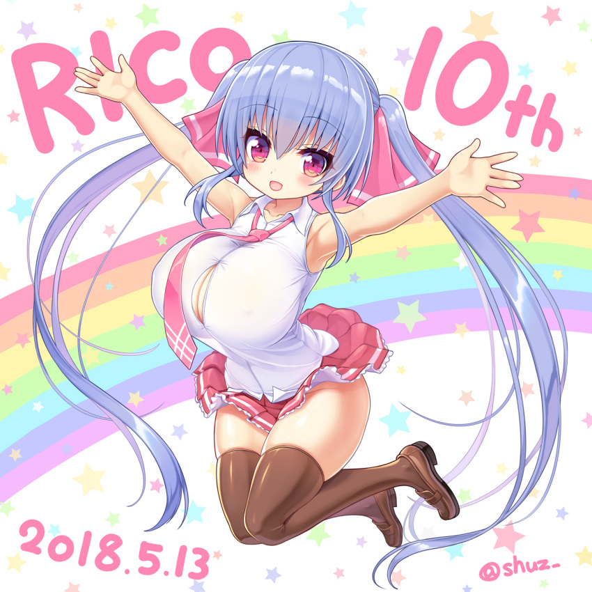 artist_name bare_shoulders blue_hair blush breasts button_gap character_name commentary_request eyebrows_visible_through_hair hair_between_eyes hair_ribbon highres huge_breasts long_hair multicolored multicolored_eyes necktie open_mouth oppai_loli original outstretched_arms pink_ribbon purple_eyes ribbon riko_(shuz) shirt shuz_(dodidu) skindentation skirt smile solo spread_arms thick_thighs thighhighs thighs twintails very_long_hair white_shirt zettai_ryouiki