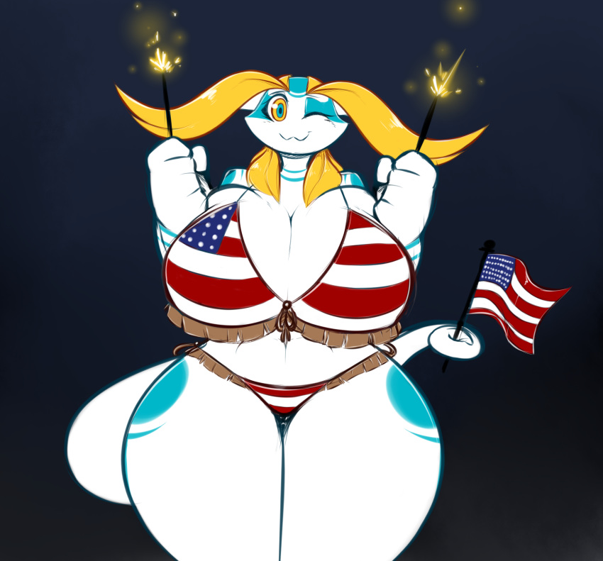 2016 aijou anthro averyshadydolphin big_breasts big_butt bikini blonde_hair blue_markings breasts butt clothing digital_media_(artwork) dragon female fireworks flag flag_bikini front_view hair huge_breasts huge_hips jou looking_at_viewer markings midriff navel one_eye_closed solo stars_and_stripes stocky swimsuit thick_thighs united_states_of_america voluptuous wide_hips