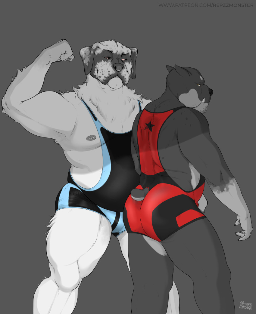 2018 5_fingers anthro anthro_on_anthro b&ouml;rje_(r4gequit) bulge bulldog butt canine crotch_grab dog duo flexing grey_background grope hi_res lotte_(r4gequit) male male/male mammal nipple_piercing nipples piercing repzzmonster signature simple_background spaniel standing url wrestling_singlet