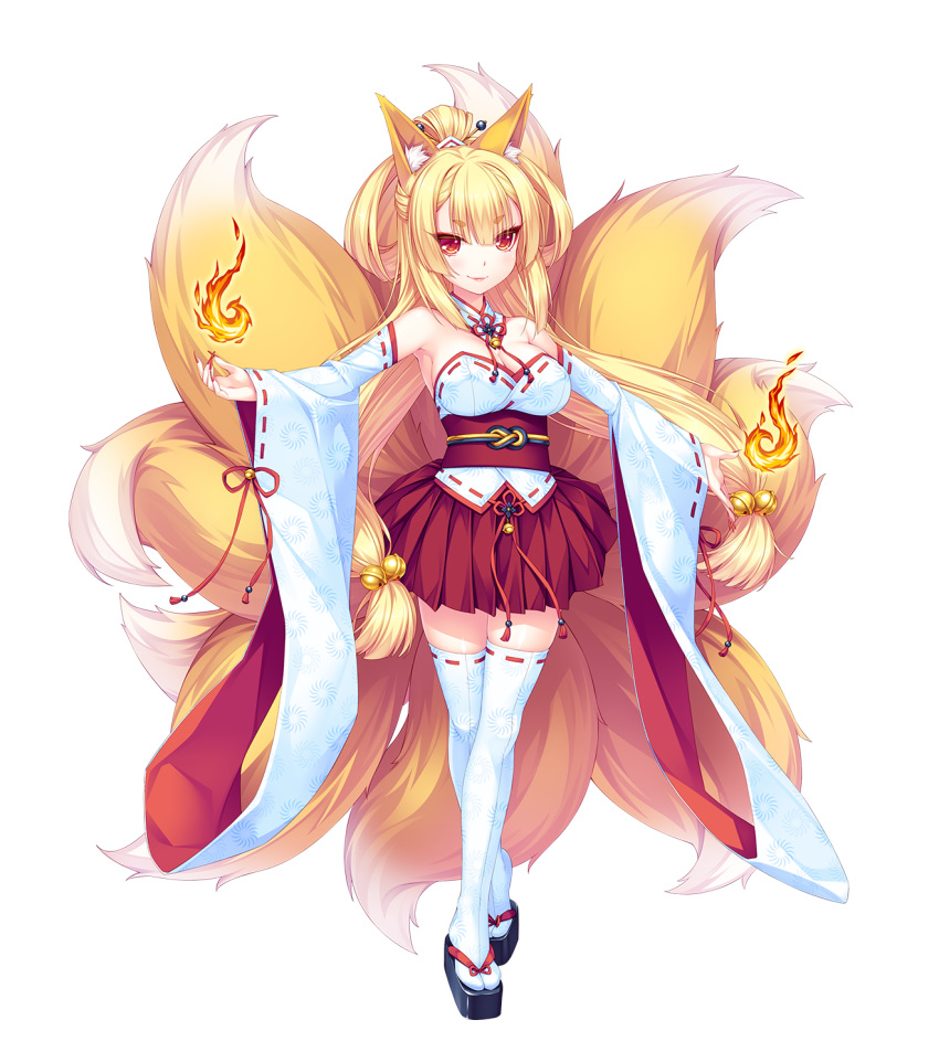 1girl blonde_hair breasts fox_ears fox_girl fox_tail full_body japanese_clothes long_hair miko monmusu monster_girl multiple_tails nail_polish official_art red_eyes sayori tama tentacle_games tsukimi_kirara