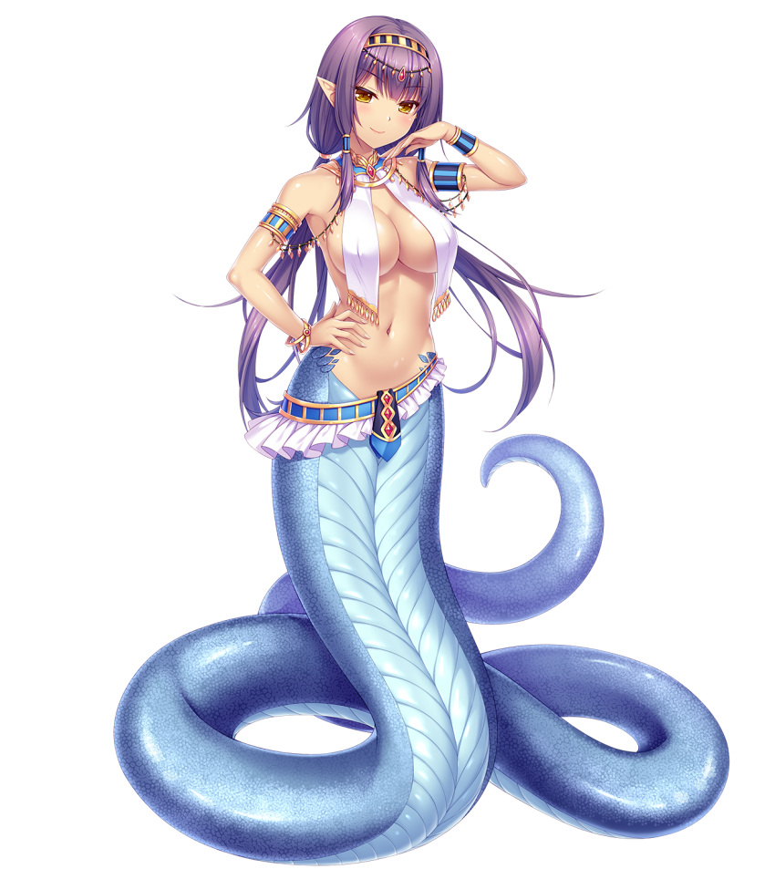 bracelet breasts ful_body jewelry lamia long_hair monmusu monster_girl official_art pointy_ears purple_hair sayori tama tentacle_games tsukimi_kirara yellow_eyes