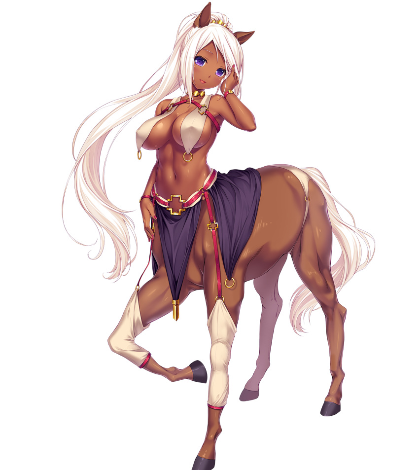 breasts centaur dark_skin full_body horse_ears large_breasts long_hair monmusu monster_girl official_art pointy_ears ponytail purple_eyes sayori tama tentacle_games tsukimi_kirara white_hair