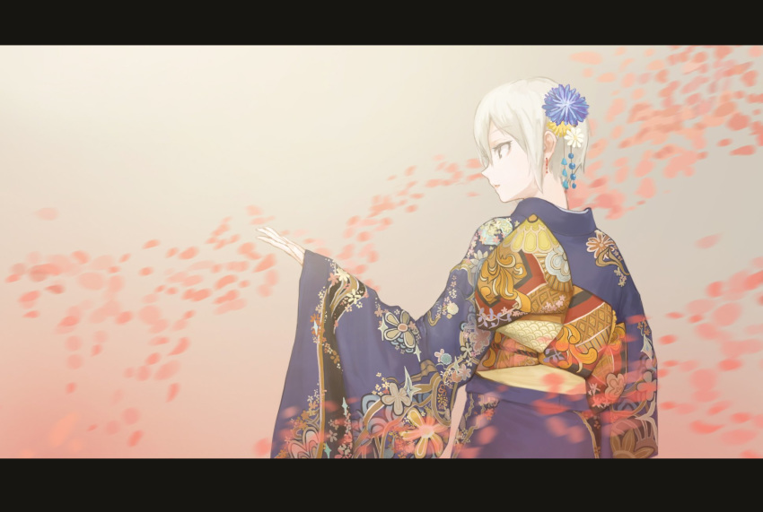 bangs black_eyes blue_kimono cherry_blossoms commentary earrings enden eyebrows_visible_through_hair floral_print flower furisode grey_hair hair_between_eyes hair_flower hair_ornament highres idolmaster idolmaster_cinderella_girls japanese_clothes jewelry kanzashi kimono letterboxed obi outstretched_arm parted_bangs petals profile sash shiomi_shuuko short_hair smile solo wide_sleeves