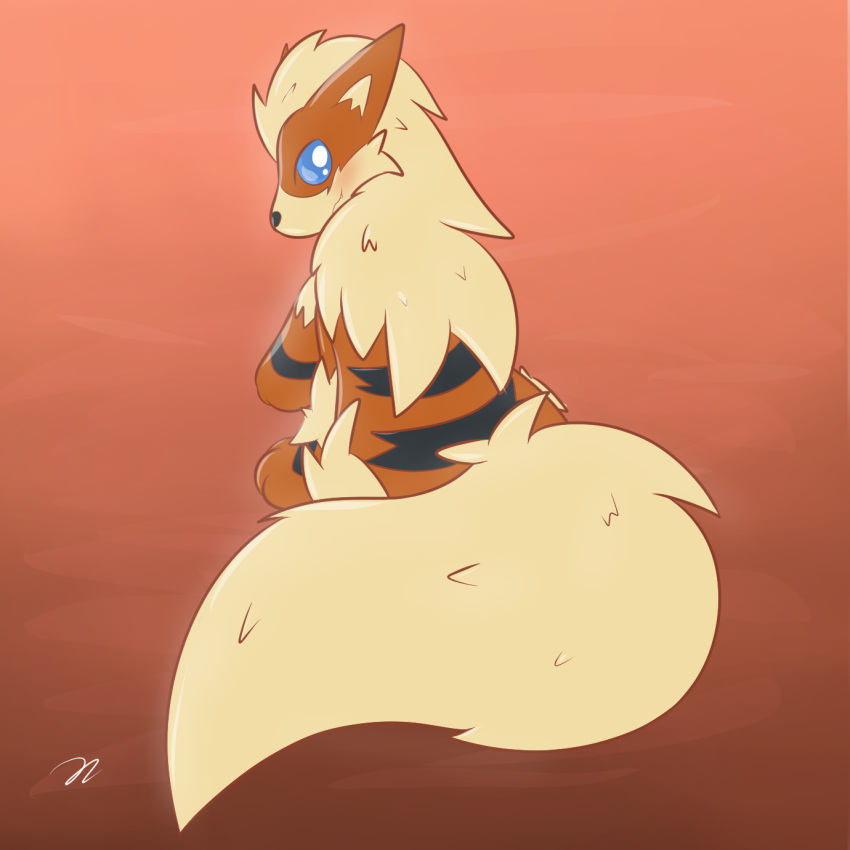 2018 ambiguous_gender arcanine blush butt_pose canine delta-eon digital_media_(artwork) feral gradient_background looking_at_viewer mammal nintendo pok&eacute;mon pok&eacute;mon_(species) simple_background solo video_games