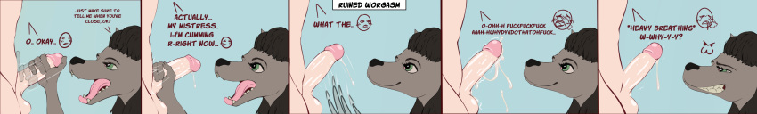 2018 anthro balls bedroom_eyes blush canine comic cum cum_on_ground cumshot destroyed_orgasm dialogue digital_media_(artwork) domination duo ejaculation english_text erection female female_domination flat_colors fur green_eyes grey_fur hair half-closed_eyes hi_res humanoid_penis male male/female mammal nude open_mouth orgasm penis ruined_orgasm seductive sex simple_background smile tall_lizzard_(artist) teeth text tongue video_games warcraft were werewolf worgen