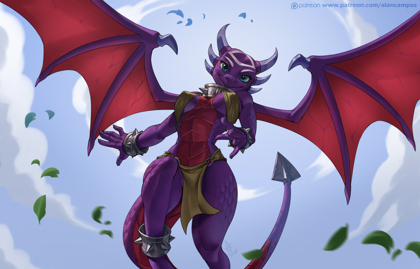 2018 alanscampos anthro blue_eyes breasts claws clothing cloud cynder digital_media_(artwork) dragon female hi_res horn loincloth looking_at_viewer membranous_wings patreon sky smile solo spade_tail spread_wings spyro_the_dragon url video_games wings