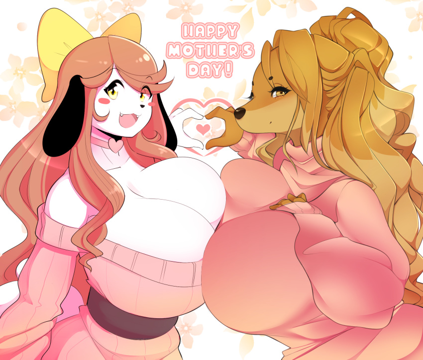 2018 anthro big_breasts breasts canine cherrikissu cleavage clothed clothing collaboration digital_media_(artwork) dog dogmom duo female hair holidays holly_applebee long_hair looking_at_viewer mammal mother's_day saluki theycallhimcake yellow_eyes