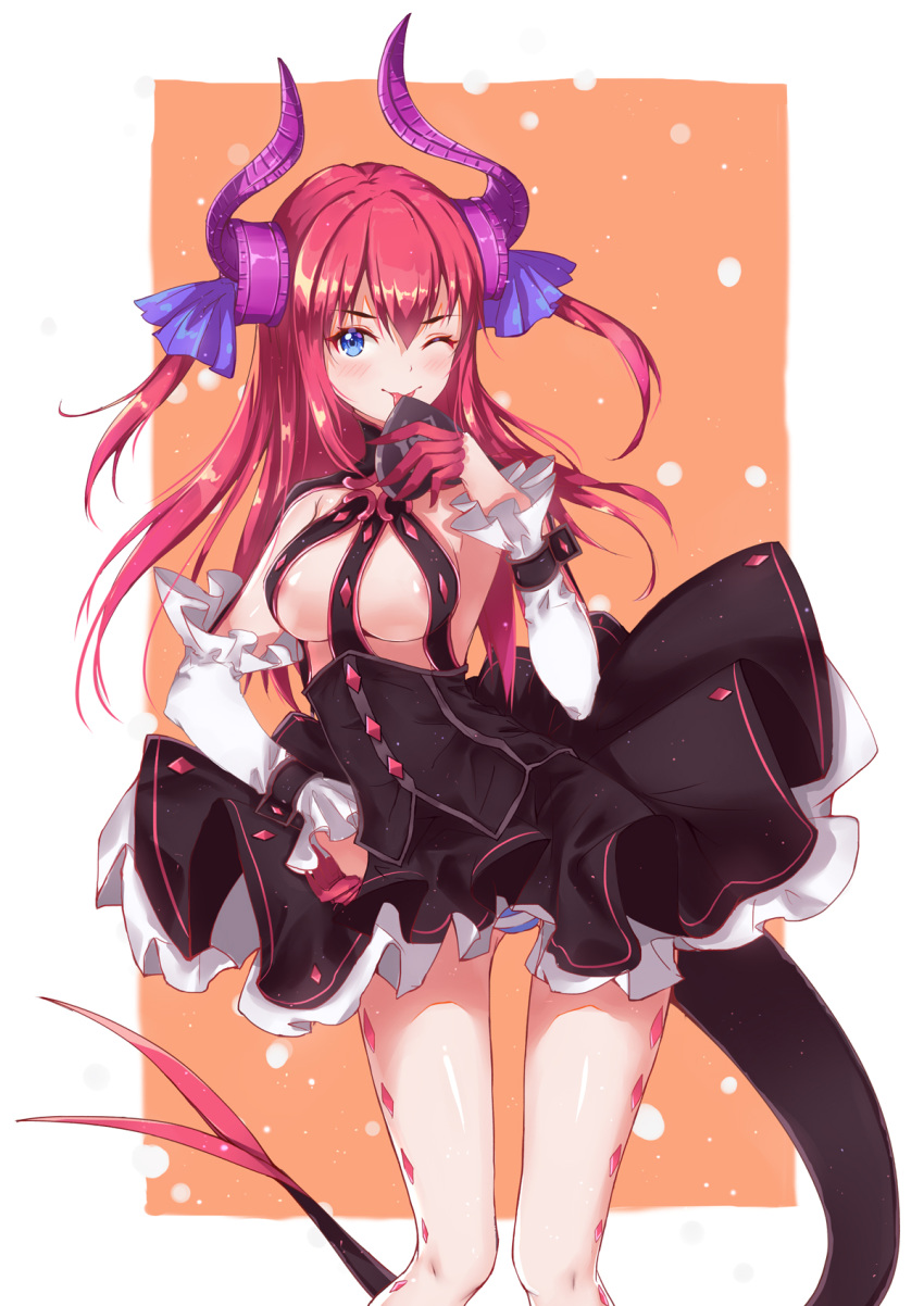 alternate_breast_size asymmetrical_horns blue_eyes blush breasts commentary_request curled_horns detached_sleeves dragon_girl dragon_horns dragon_tail dress elizabeth_bathory_(fate) elizabeth_bathory_(fate)_(all) eyebrows_visible_through_hair fate/grand_order fate_(series) hair_between_eyes hair_ribbon hand_on_hip highres horns licking long_hair long_sleeves medium_breasts one_eye_closed open_mouth panties pantyshot purple_ribbon red_hair ribbon sleeveless sleeveless_dress solo striped striped_panties tail tenmoon two_side_up underwear