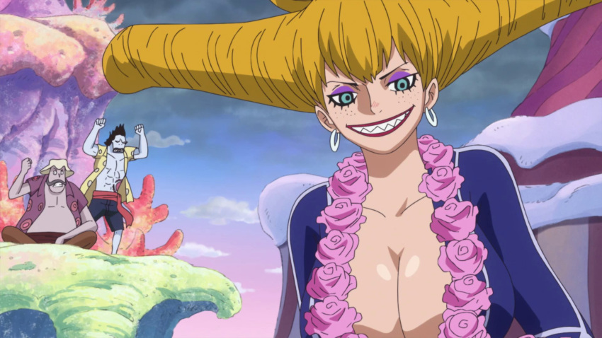 1girl blonde_hair charlotte_praline cleavage huge_breasts large_breasts one_piece screencap smile