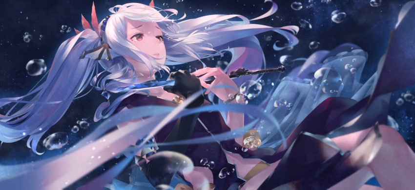 bubble commentary_request dress gloves grimms_notes highres long_hair looking_to_the_side red_eyes solo sousou_(sousouworks) twintails weapon white_hair