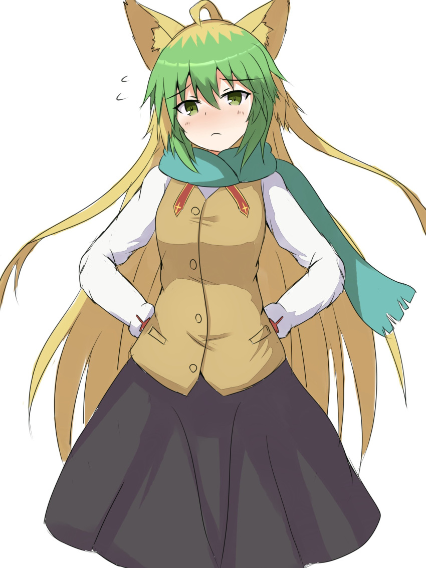 absurdres ahoge animal_ears atalanta_(fate) bangs black_skirt blonde_hair blush breasts brown_vest cat_ears closed_mouth cosplay eyebrows_visible_through_hair fate/apocrypha fate/stay_night fate_(series) flying_sweatdrops fringe_trim green_eyes green_hair green_scarf hair_between_eyes hands_on_hips head_tilt highres homurahara_academy_uniform long_hair long_sleeves looking_at_viewer matou_sakura matou_sakura_(cosplay) medium_breasts mitchi multicolored_hair pleated_skirt scarf school_uniform shirt simple_background skirt solo two-tone_hair very_long_hair vest white_background white_shirt