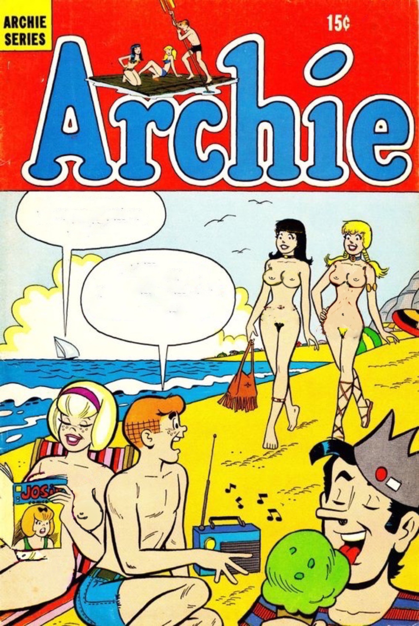 3girls :d absurdres archie archie_andrews archie_comics beach betty_cooper breasts day highres josie_and_the_pussycats josie_mccoy jughead_jones large_breasts multiple_boys multiple_girls nipples non-anime_related nude_filter ocean open_mouth outdoors sabrina_spellman smile third-party_edit toon veronica_lodge