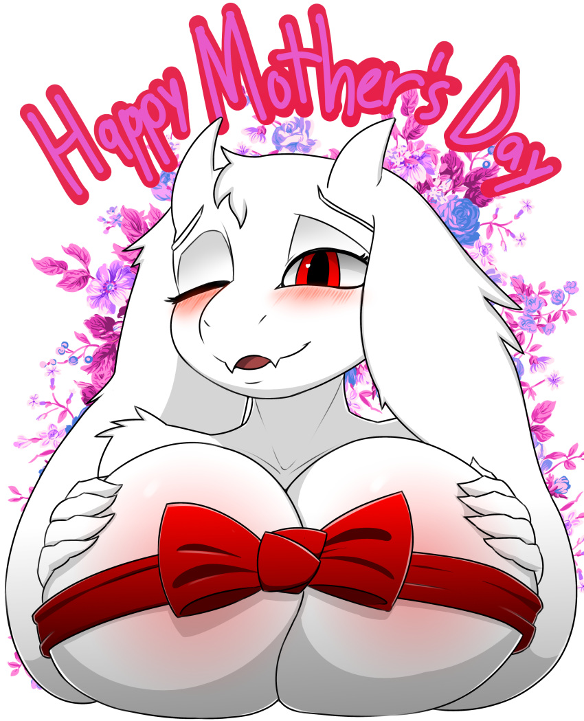 2018 5_fingers alpha_channel anthro big_breasts blush boss_monster bow breasts bust_portrait claws desertkaiju digital_media_(artwork) english_text fangs female flower fur hair half-closed_eyes hand_on_breast hi_res holidays horn huge_breasts long_ears looking_at_viewer mammal mature_female mother mother's_day one_eye_closed open_mouth parent plant portrait red_eyes simple_background smile solo teeth text tongue toriel transparent_background tuft undertale video_games white_fur