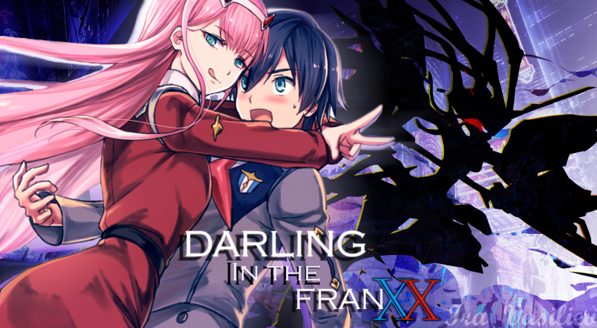 1girl black_hair blue_eyes blush closed_eyes commentary couple darling_in_the_franxx green_eyes hair_ornament hairband hetero highres hiro_(darling_in_the_franxx) horns iravasiliev lipstick long_hair long_sleeves looking_at_another looking_at_viewer makeup mecha military military_uniform necktie oni_horns pink_hair red_horns red_neckwear signature strelizia sweatdrop uniform v white_hairband zero_two_(darling_in_the_franxx)