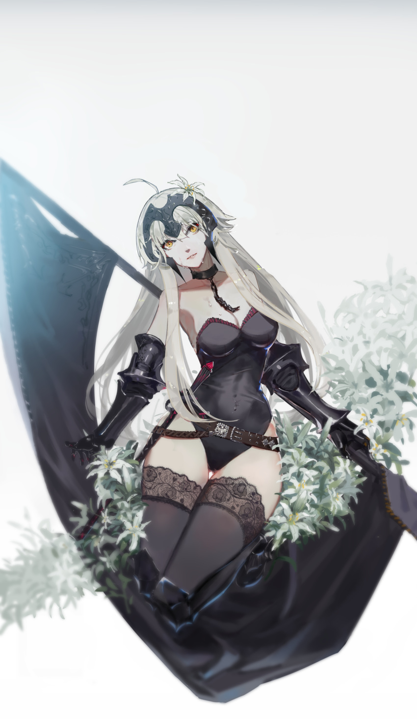 absurdres adapted_costume ahoge bare_shoulders belt black_legwear black_leotard breasts cleavage collarbone commentary_request expressionless fate/grand_order fate_(series) flag flower gauntlets hair_flower hair_ornament headpiece highres holding holding_flag hoshimawa jeanne_d'arc_(alter)_(fate) jeanne_d'arc_(fate)_(all) lace lace-trimmed_thighhighs leotard lily_(flower) long_hair medium_breasts pale_skin silver_hair solo thighhighs wet yellow_eyes
