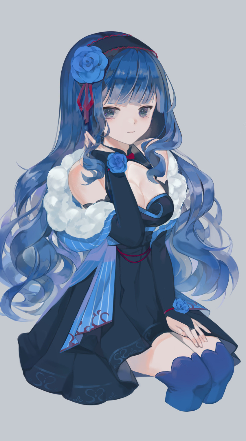 absurdres bad_id bad_pixiv_id bangs between_legs black_hairband blue_eyes blue_flower blue_legwear breasts brown_dress cleavage closed_mouth commission dress flower fur_trim grey_background hair_flower hair_ornament hair_ribbon hairband hand_between_legs hand_in_hair highres legs_together long_hair looking_at_viewer medium_breasts minncn mole mole_under_eye original red_ribbon ribbon sidelocks simple_background sitting smile solo straight_hair thighhighs very_long_hair zettai_ryouiki