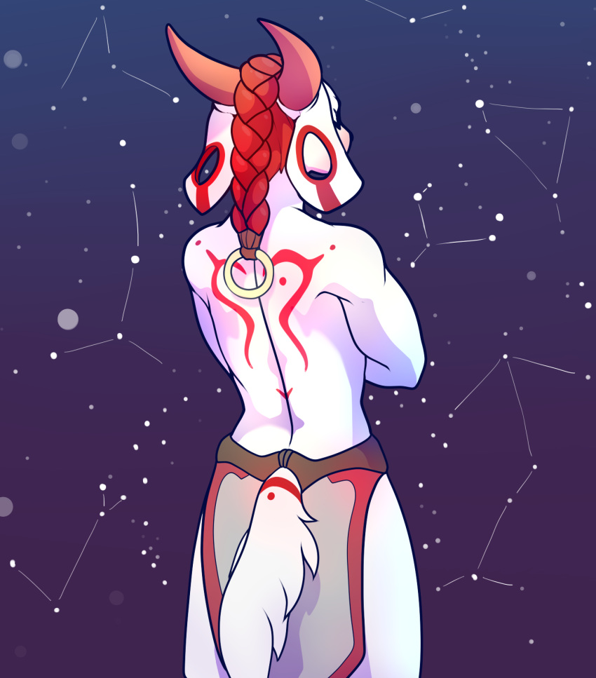 anthro blue_background braided_hair cancer_(zodiac) caprine clothed clothing constellation crossed_arms ear_markings eyebrows eyes_closed facial_markings fur furgonomics goat gradient_background hair horn loincloth male mammal markings portrait purple_background qualzar rear_view red_hair red_markings short_hair simple_background solo standing tail_markings taurus_(zodiac) three-quarter_portrait topless white_fur white_tail