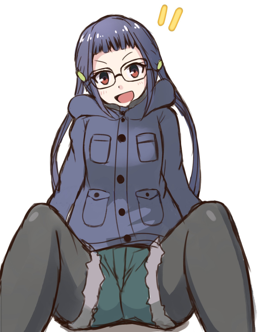:d black-framed_eyewear black_legwear blue_coat blue_hair blush commentary_request gloves green_shorts hair_ornament head_tilt highres hood hood_down hooded_coat long_hair looking_at_viewer mitchi oogaki_chiaki open_mouth pantyhose red_eyes short_shorts shorts sitting smile solo twintails very_long_hair white_background yurucamp