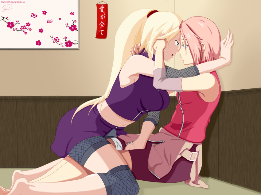 2girls eye_contact haruno_sakura imminent_kiss leaning_back long_hair looking_at_another midriff multiple_girls naruto naruto_shippuuden ponytail sitting straddling yamanaka_ino yukataro yuri