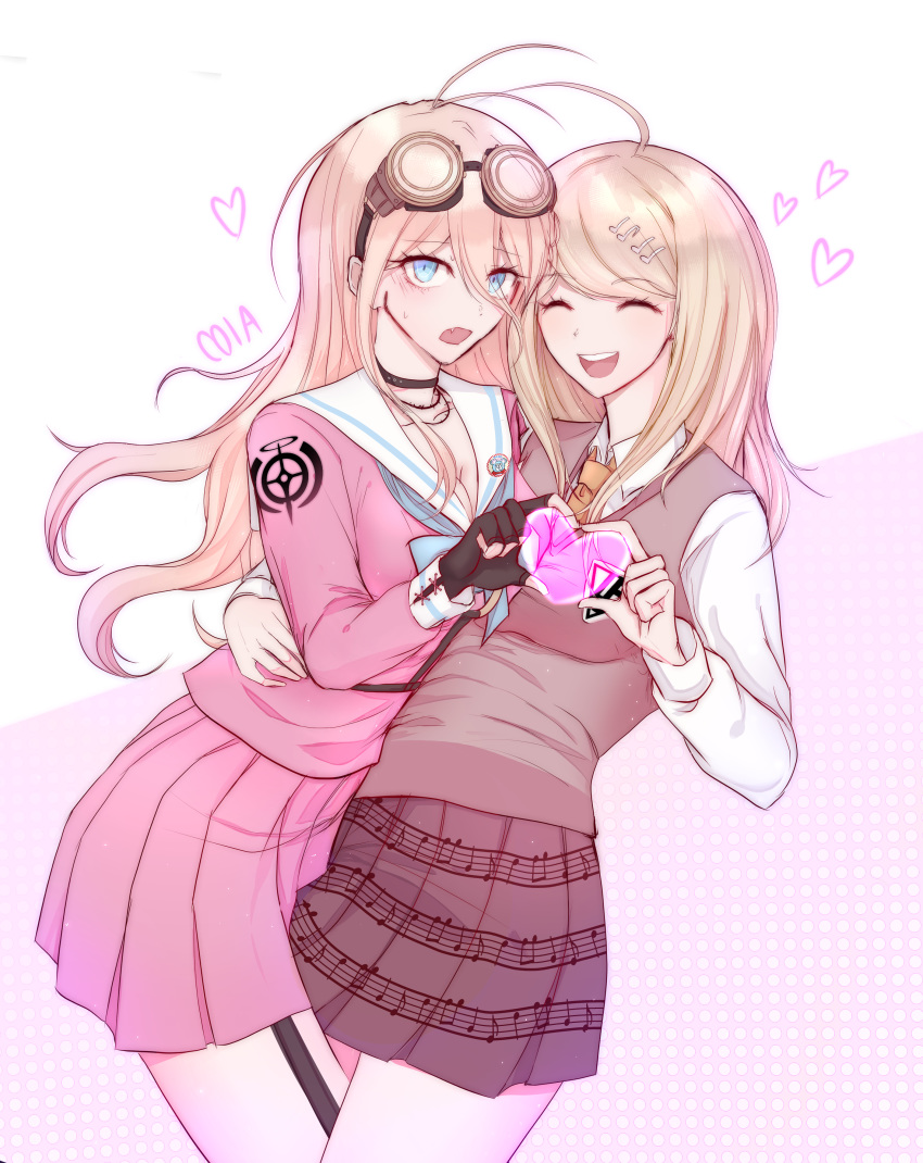 2girls absurdres ahoge akamatsu_kaede bangs bare_legs beige_neckwear black_collar blonde_hair blue_eyes blue_ribbon blush breasts cleavage collar commentary danganronpa eyebrows_visible_through_hair eyes_closed finger_touching fingerless_gloves gloves googles googles_on_head grabbing hair_between_eyes hand_on_own_chest heart heart_background highres iruma_miu jacket large_breasts laughing long_hair multiple_girls musical_note necktie neckwear new_danganronpa_v3 open_eyes open_mouth pink_heart pink_jacket pink_skirt purple_skirt ribbon school_uniform shirt skirt teeth user_sumd2753 white_background white_shirt