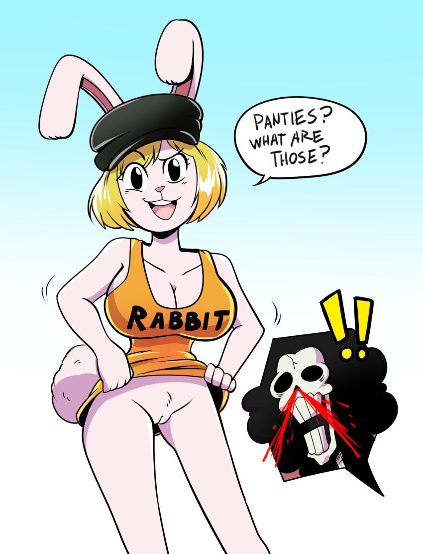 anthro bottomless brook_(one_piece) captanaugi_(artist) carrot_(one_piece) clothed clothing clueless dress female hat lagomorph mammal one_piece pussy rabbit speech_bubble text