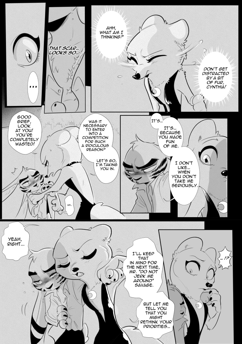 anthro arctic_fox black_and_white blush canine clothed clothing comic cynthia_walker dialogue disney english_text female fox jack_savage jewelry male mammal monochrome necklace rem289 speech_bubble text zootopia