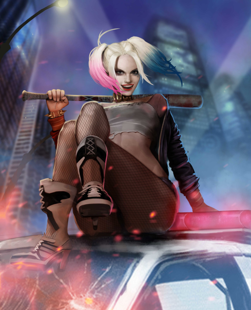 absurdres baseball_bat blonde_hair blue_hair blurry bracelet building car crossed_legs dc_comics depth_of_field fishnets from_below ground_vehicle harley_quinn high_heels highres jacket jewelry lamppost looking_at_viewer midriff motor_vehicle multicolored_hair night open_clothes open_jacket open_mouth pink_hair police_car sitting sky solo spiked_bracelet spikes suicide_squad twintails zamash