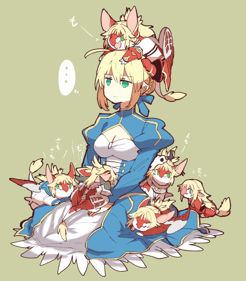 ahoge animal animal_on_head animalization artoria_pendragon_(all) blonde_hair blue_dress blue_ribbon braided_bun breasts cleavage_cutout dress fate/grand_order fate_(series) green_background green_eyes hair_bun hair_ribbon highres mordred_(fate) mordred_(fate)_(all) mordred_(swimsuit_rider)_(fate) on_head ribbon saber seiza simple_background sitting small_breasts takatsuki_nato