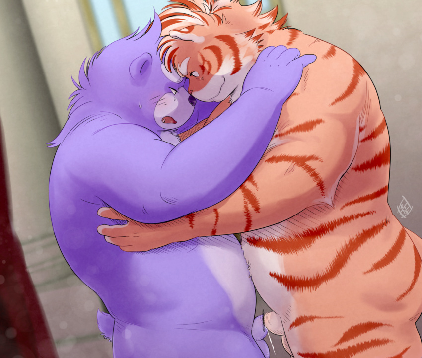 balls censored feline frottage hug koda-kota male male/male mammal overweight penis sex tiger
