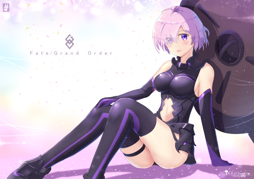 artist_name black_gloves black_legwear blush breasts chinchongcha copyright_name elbow_gloves eyes_visible_through_hair fate/grand_order fate_(series) gloves hair_over_one_eye highres large_breasts looking_at_viewer mash_kyrielight navel parted_lips pink_hair purple_eyes short_hair signature sitting smile solo thighhighs