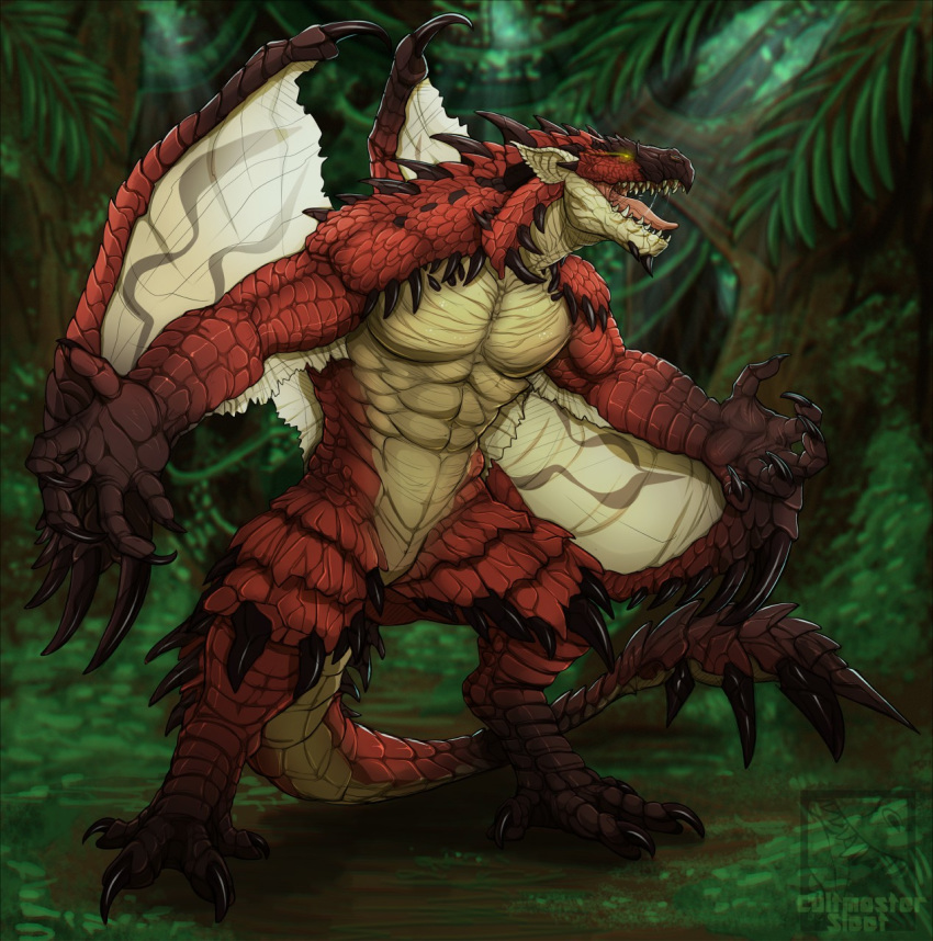 abs anthro capcom claws cultmastersleet detailed_background dragon featureless_crotch forest glowing glowing_eyes invalid_tag mace_tail male monster_hunter muscular muscular_male nude open_mouth pecs rathalos red_scales roaring scales solo spines standing tongue tree video_games wings wyvern yellow_eyes