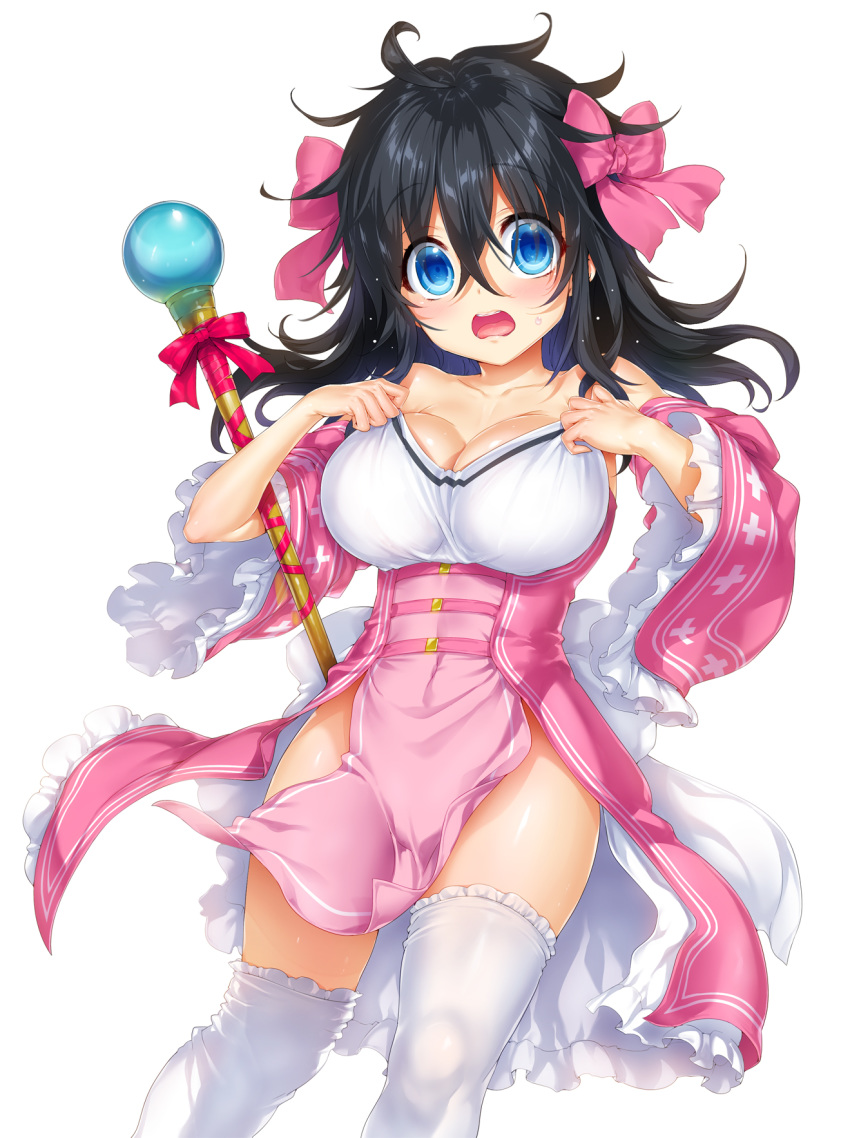 ahoge bare_shoulders black_hair blue_eyes blush bow breasts collarbone commentary_request cover cover_page d: detached_sleeves dress eyebrows_visible_through_hair frilled_legwear frilled_sleeves frills hair_bow highres hisasi large_breasts long_hair looking_at_viewer messy_hair netoge_no_yome_wa_onna_no_ko_janai_to_omotta? novel_cover open_mouth pelvic_curtain pink_bow simple_background solo staff tamaki_ako thighhighs white_background white_legwear wide_sleeves