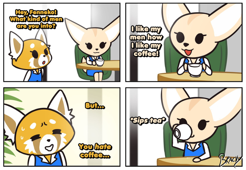 aggressive_retsuko beverage brachyzoid canine comic dialogue duo english_text female fennec fenneko fox kaiserneko mammal red_panda retsuko sanrio sweat sweatdrop tea text