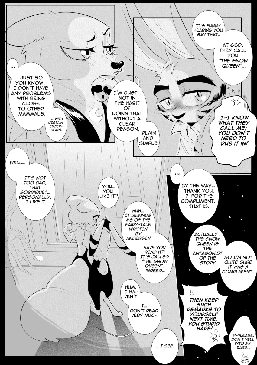 anthro arctic_fox black_and_white blush canine clothed clothing comic cynthia_walker dialogue disney english_text female fox jack_savage jewelry male mammal monochrome necklace rem289 speech_bubble text zootopia