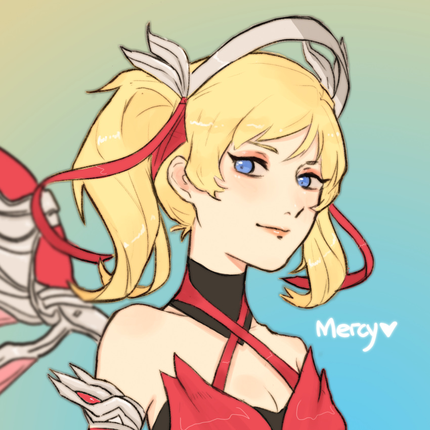 alternate_color alternate_costume alternate_hairstyle bare_shoulders blonde_hair blue_background blue_eyes breasts brown_background character_name cleavage criss-cross_halter dress eyeshadow godzillaguai gradient gradient_background hair_ribbon halterneck heart highres light_smile looking_at_viewer makeup mechanical_halo mechanical_wings mercy_(overwatch) overwatch pink_mercy portrait red_dress red_ribbon ribbon sideways_glance solo twintails wings
