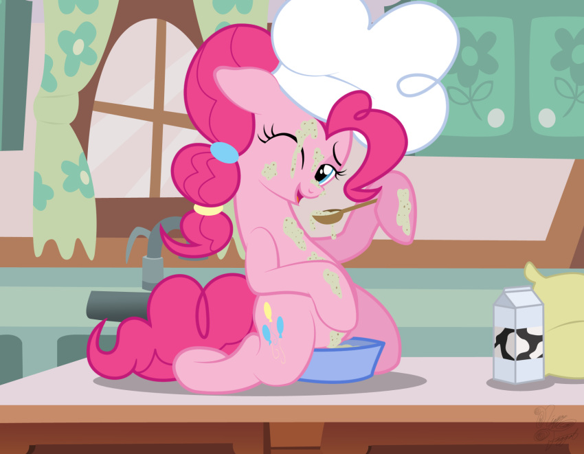 baking blue_eyes bowl chef_hat cookie_dough cutie_mark earth_pony equine female feral flour food food_play friendship_is_magic fur hair hat hooves horse inside kitchen long_hair looking_at_viewer mammal milk my_little_pony niggerfaggot open_mouth pink_fur pink_hair pinkie_pie_(mlp) pony smile solo spoon