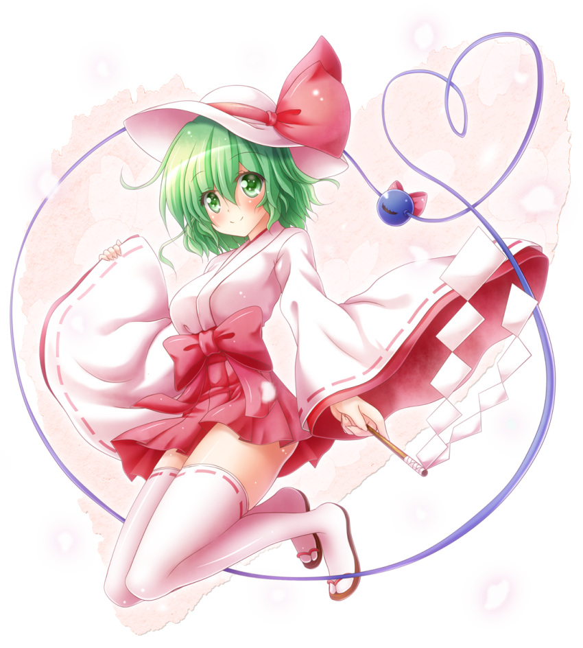 alternate_costume blush commentary_request eyes_visible_through_hair full_body gohei green_eyes hair_between_eyes hat heart heart_of_string highres japanese_clothes komeiji_koishi long_sleeves looking_at_viewer nontraditional_miko osashin_(osada) pink_skirt pleated_skirt ribbon-trimmed_sleeves ribbon_trim sandals short_hair skirt sleeves_past_wrists smile solo thighhighs third_eye touhou white_legwear wide_sleeves