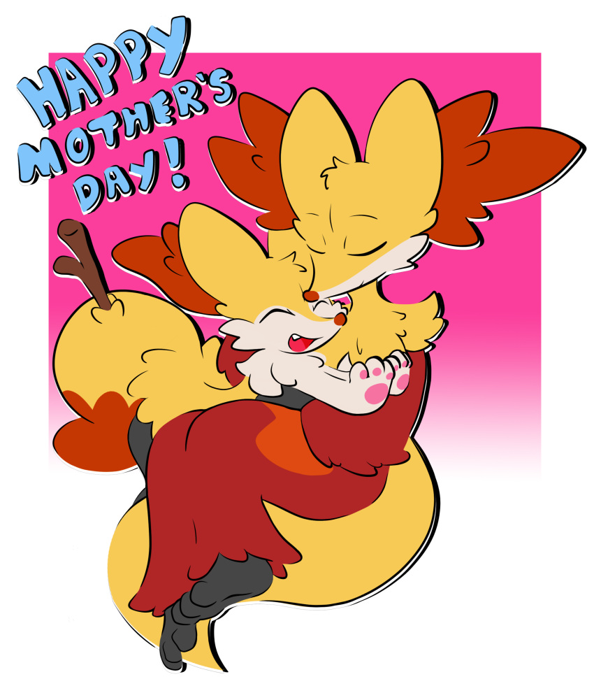 2018 absurd_res ambiguous_gender anthro black_fur braixen canine cheek_tuft delphox digital_media_(artwork) duo english_text fangs female fur hi_res holidays inner_ear_fluff kurus37 mammal mother mother's_day mother_and_child nintendo open_mouth parent pok&eacute;mon pok&eacute;mon_(species) smile stick text tuft video_games white_fur yellow_fur