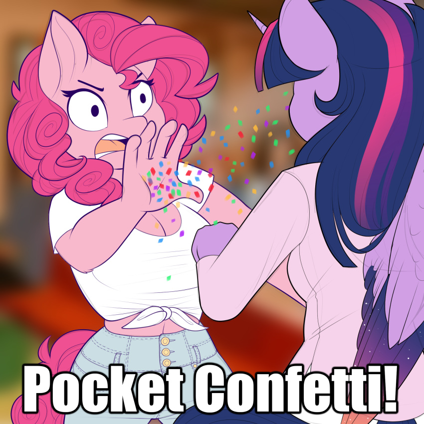 2018 anthro anthrofied clothed clothing confetti digital_media_(artwork) duo earth_pony english_text equine evehly feathered_wings feathers female friendship_is_magic hair hi_res horn horse long_hair mammal multicolored_feathers multicolored_hair my_little_pony open_mouth pink_hair pinkie_pie_(mlp) pony text twilight_sparkle_(mlp) winged_unicorn wings