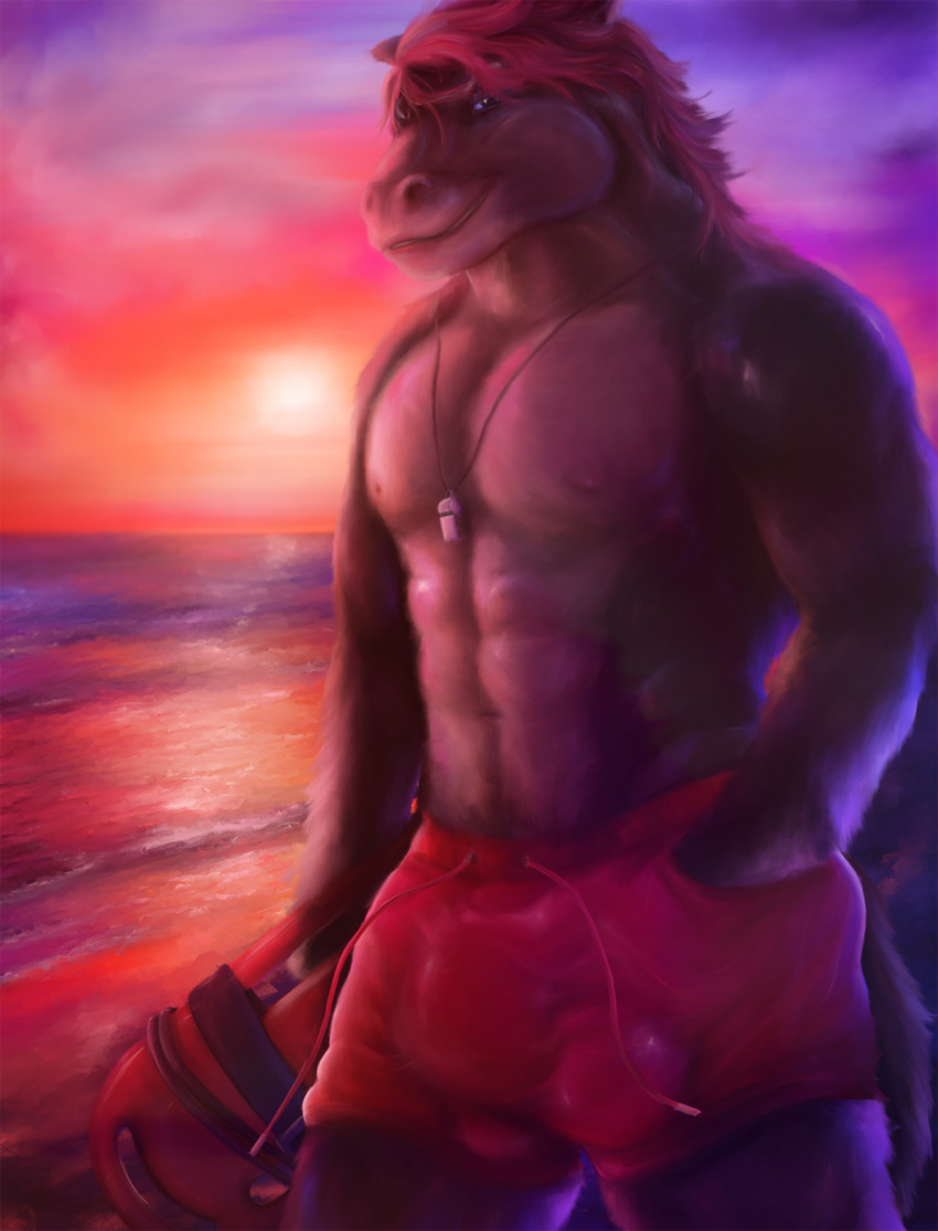 2018 abs anthro beach biceps blue_eyes brown_fur brown_skin bulge clothed clothing cloud equine fur grin hair hand_in_pocket holding_object horse jewelry killianwalker looking_at_viewer male mammal muscular muscular_male necklace nipples red_hair sand seaside shorts sky smile snout solo standing sunset swimshorts swimsuit topless water