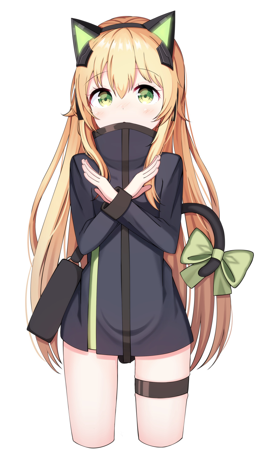 absurdres animal_ears bangs black_jacket blonde_hair blush bow cat_ear_headphones cat_ears cat_girl cat_tail cropped_legs eyebrows_visible_through_hair fingernails girls_frontline green_bow green_eyes hair_between_eyes headphones highres jacket long_sleeves looking_at_viewer parted_lips simple_background solo starfox1015 tail tail_bow tmp_(girls_frontline) white_background x_arms