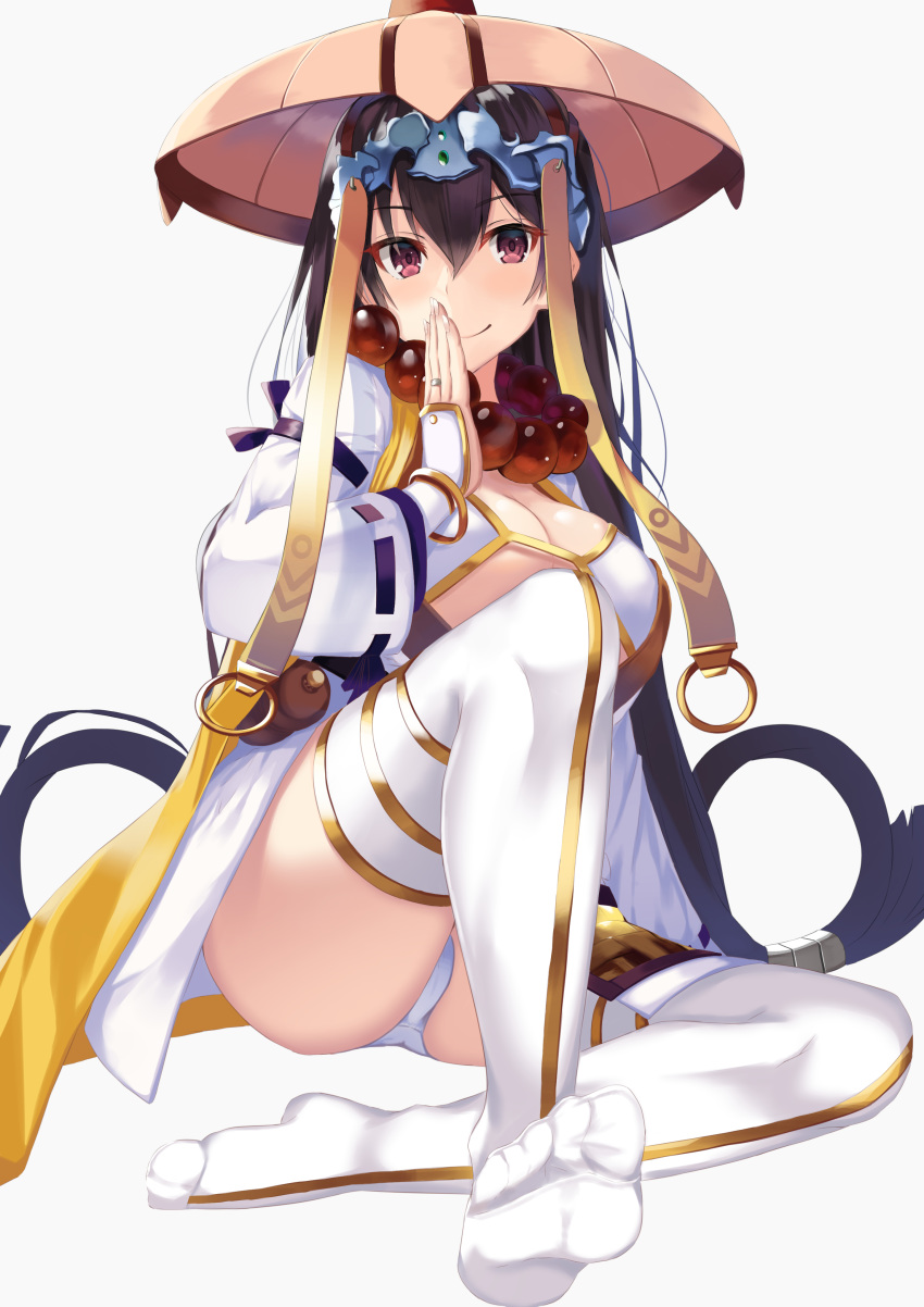 absurdres bangle bead_necklace beads bikini black_hair bracelet breasts closed_mouth fate/grand_order fate_(series) gold_trim hair_between_eyes hair_ornament hat highres jewelry kazuha_(saku_kn) large_breasts long_hair necklace no_shoes o-ring prayer_beads purple_eyes ribbon-trimmed_sleeves ribbon_trim simple_background sitting smile soles solo swimsuit thighhighs toes white_background white_bikini white_legwear white_robe xuanzang_(fate/grand_order)