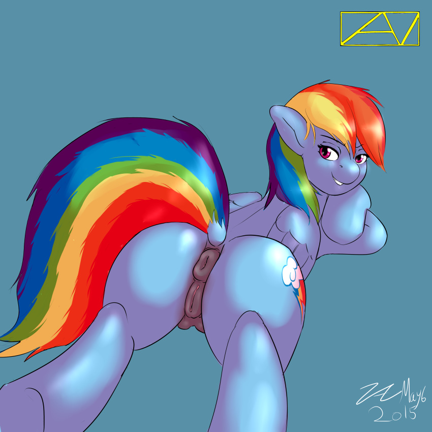 2015 anus blue_feathers blue_fur butt equine feathered_wings feathers female feral friendship_is_magic fur hair hi_res mammal multicolored_hair multicolored_tail my_little_pony pegasus pussy rainbow_dash_(mlp) rainbow_hair rainbow_tail smile solo teats wings zavits