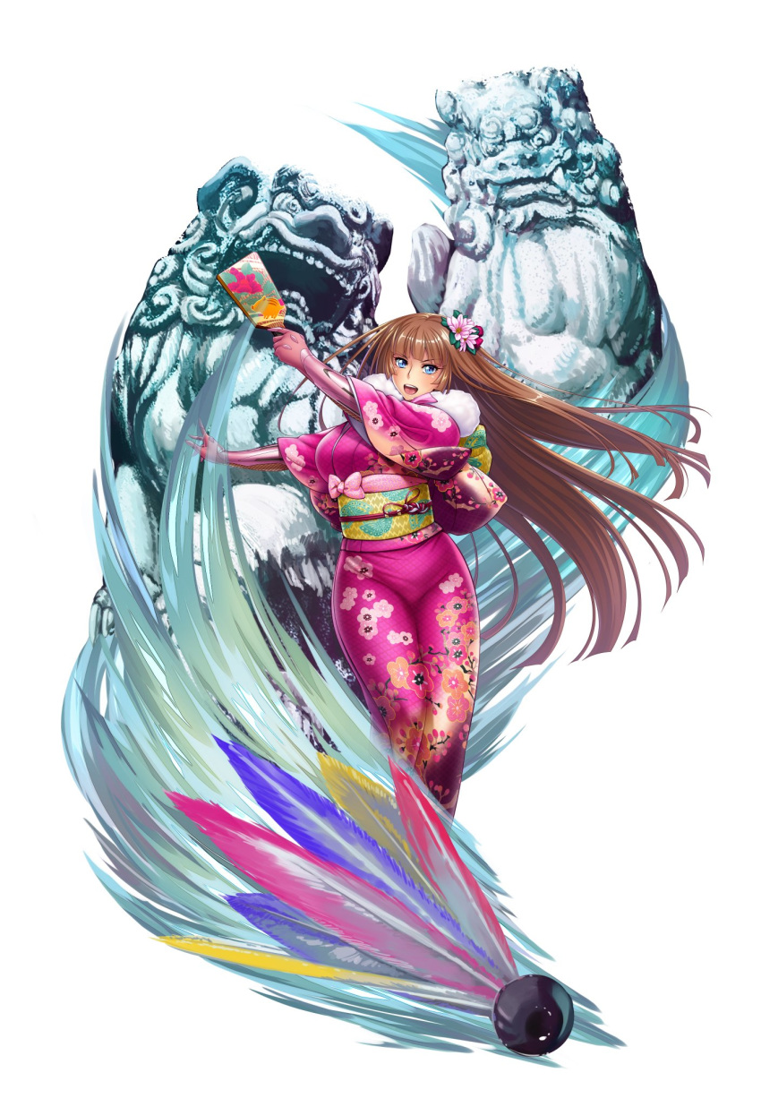 1girl aoi_nagisa_(metalder) blue_eyes breasts chinese_zodiac curvy happy japanese_clothes kimono koukawa_asuka large_breasts lilith-soft long_hair looking_at_viewer pig shiny shiny_skin smile solo taimanin_(series) taimanin_asagi taimanin_rpgx year_of_the_pig