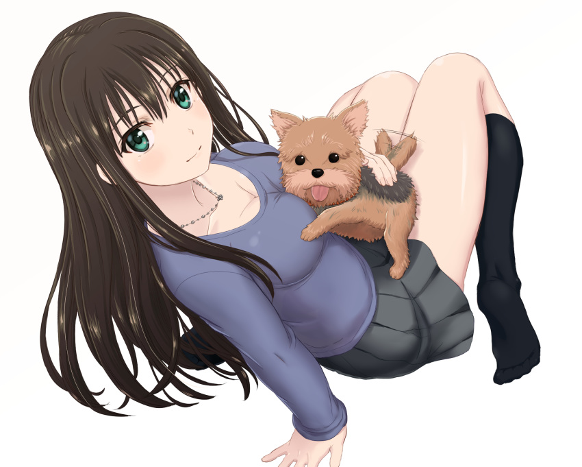 animal black_legwear black_skirt breasts brown_hair cleavage closed_mouth commentary_request dog from_above full_body graphite_(medium) green_eyes hanako_(idolmaster) highres idolmaster idolmaster_cinderella_girls inanaki_shiki jewelry kneehighs knees_together_feet_apart long_hair long_sleeves looking_at_viewer medium_breasts necklace no_shoes pencil plantar_flexion pleated_skirt shibuya_rin simple_background sitting skirt smile solo tail_wagging tongue tongue_out traditional_media white_background